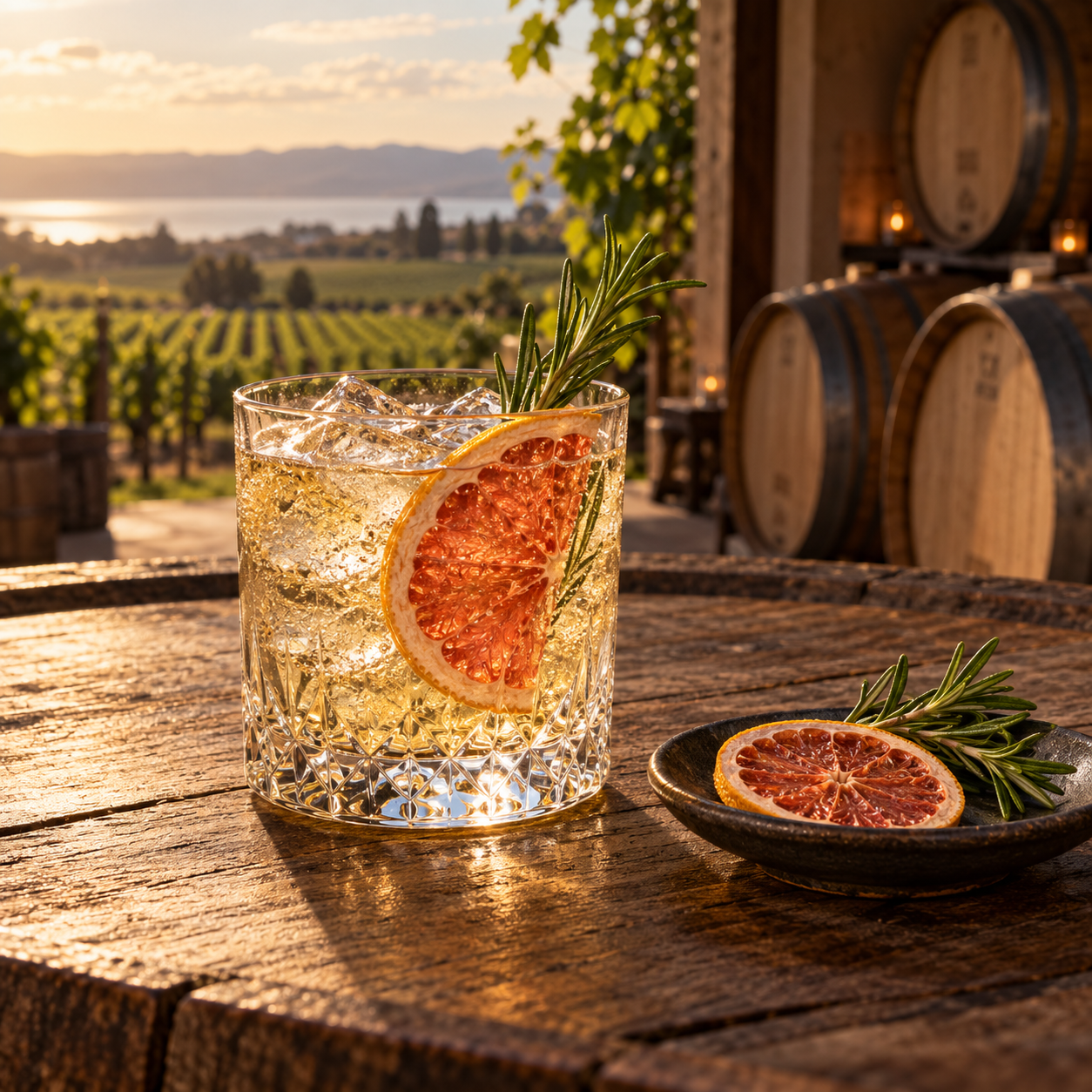Imagination Black Barn Barrel Aged Syrah Gin served with Sanpellegrino Tonica Oakwood, garnished with Dehydrated Grapefruit Wheel and Fresh Rosemary Sprig