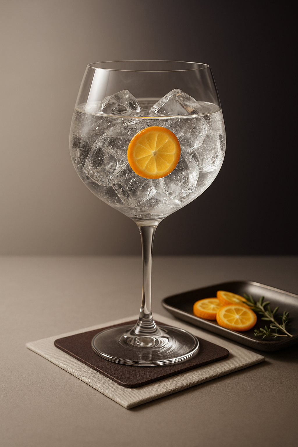 Bimber Kumquat Gin served with 1724 Tonic Water, garnished with thin slice of fresh kumquat