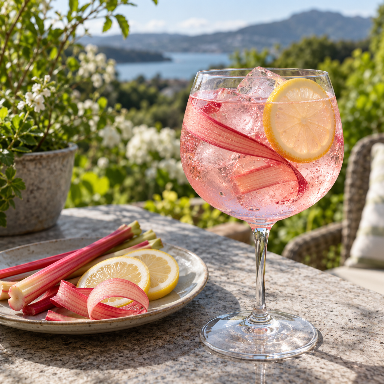 Curiosity Ruby Gin served with Double Dutch Pomegranate Basil Tonic, garnished with Rhubarb Ribbon and Lemon Wheel