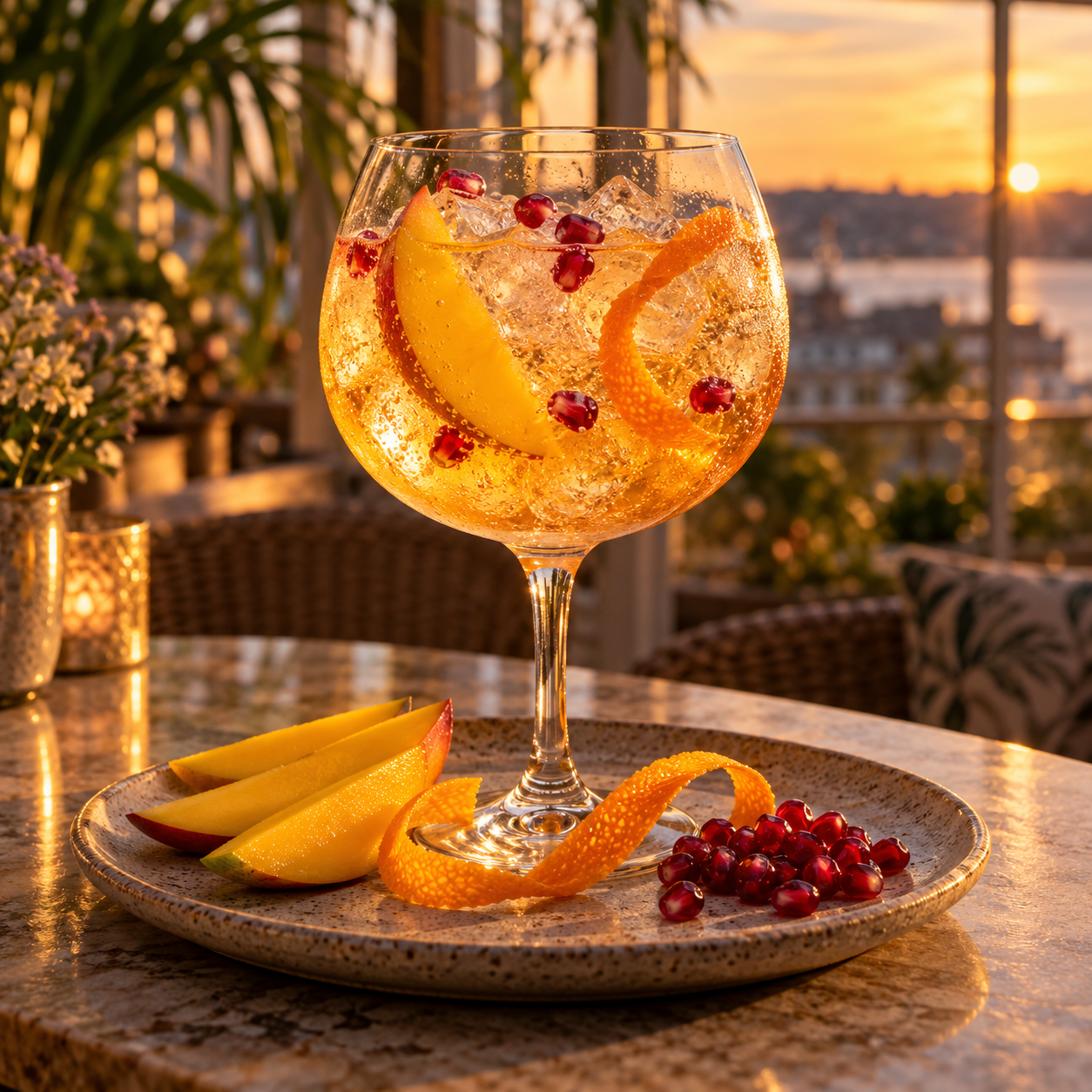 Compass Sunshine Gin servi avec Fentimans Valencian Orange Tonic Water, agrémenté de tranche de mangue fraîche et graines de grenade