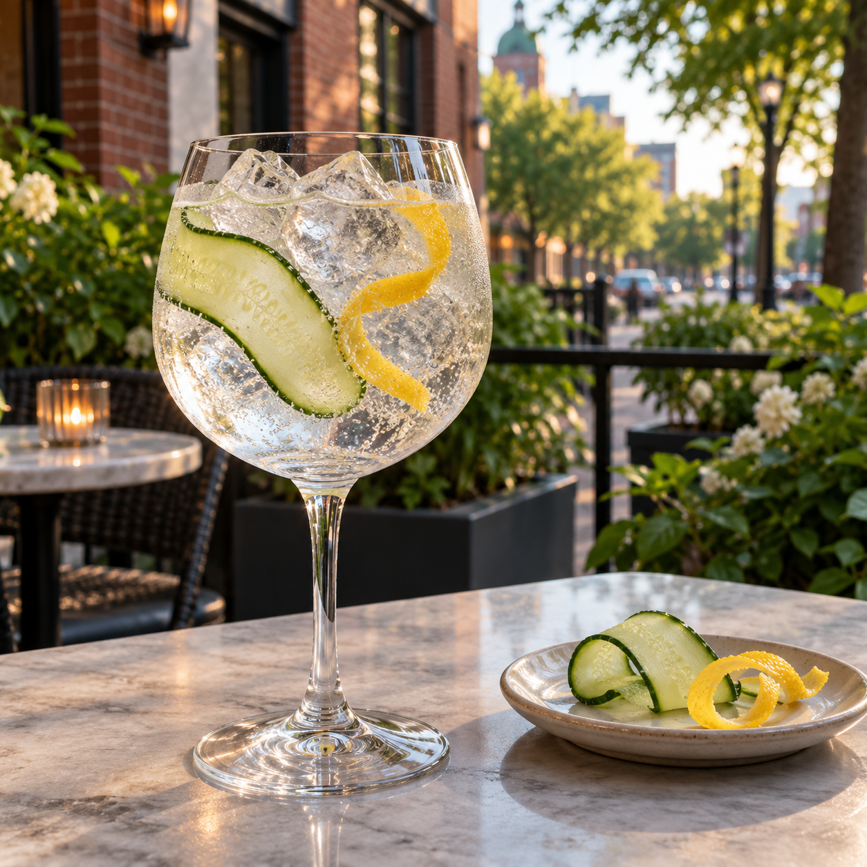 Compass Gin served with Bö Dry Tonic, garnished with Cucumber Ribbon and Lemon twist