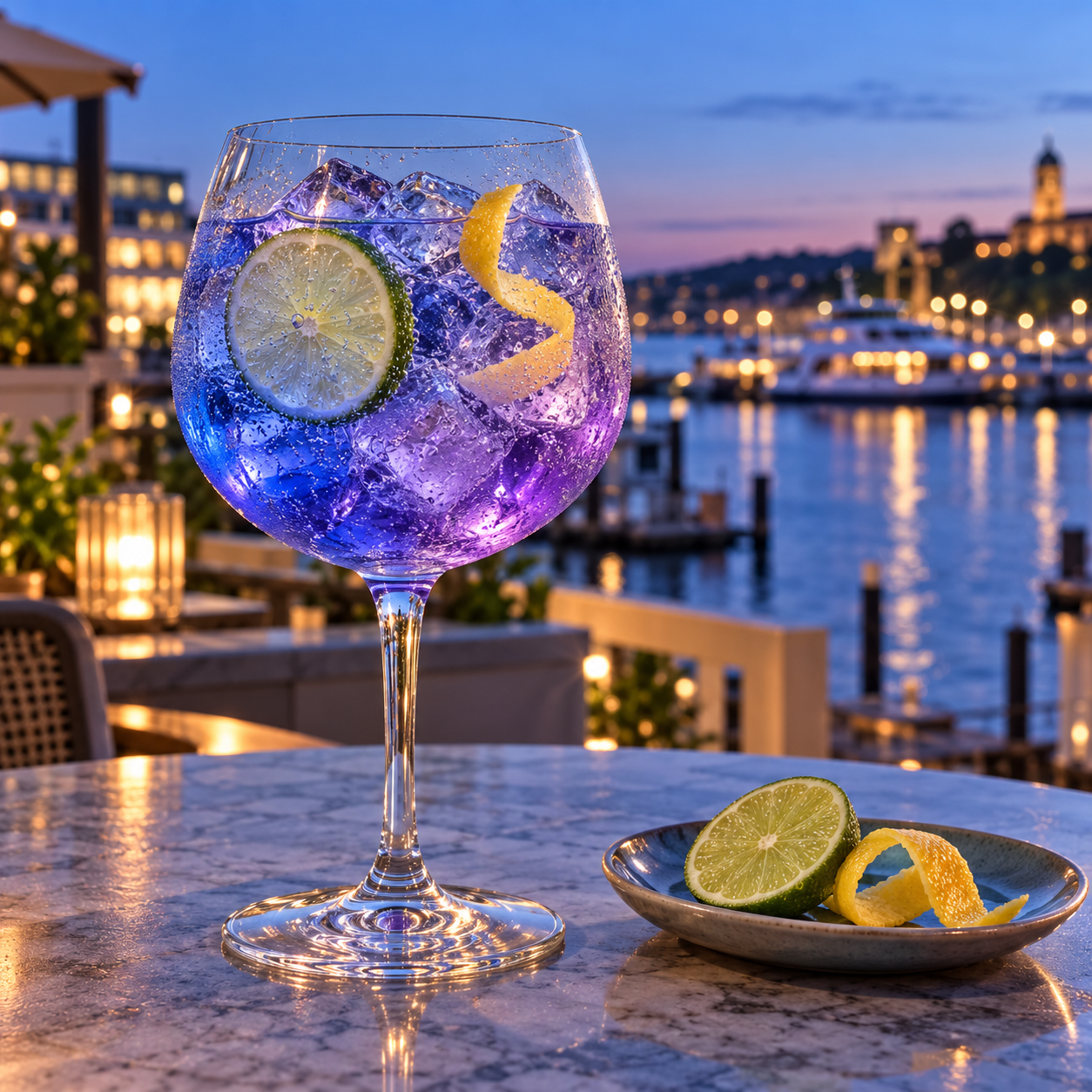 Compass Gin Royal served with Double Dutch Indian Tonic Water, garnished with Lime slice and Lemon twist