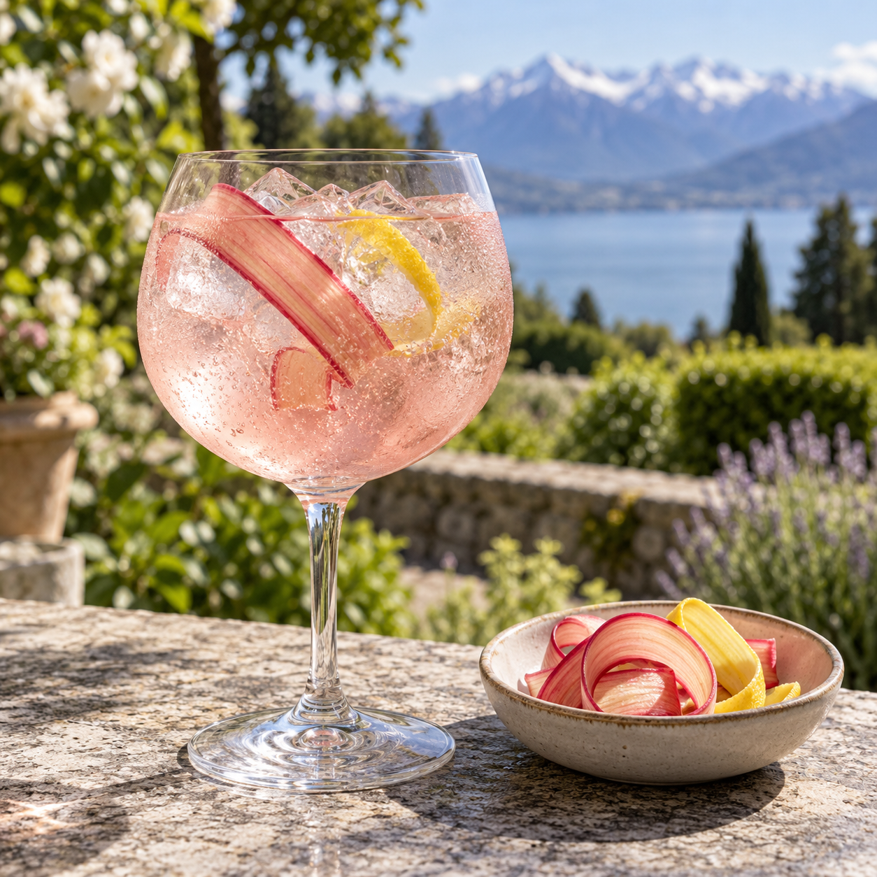 Broken Heart Rhubarb Gin served with Double Dutch Elderflower Tonic, garnished with Rhubarb Ribbon and Lemon twist