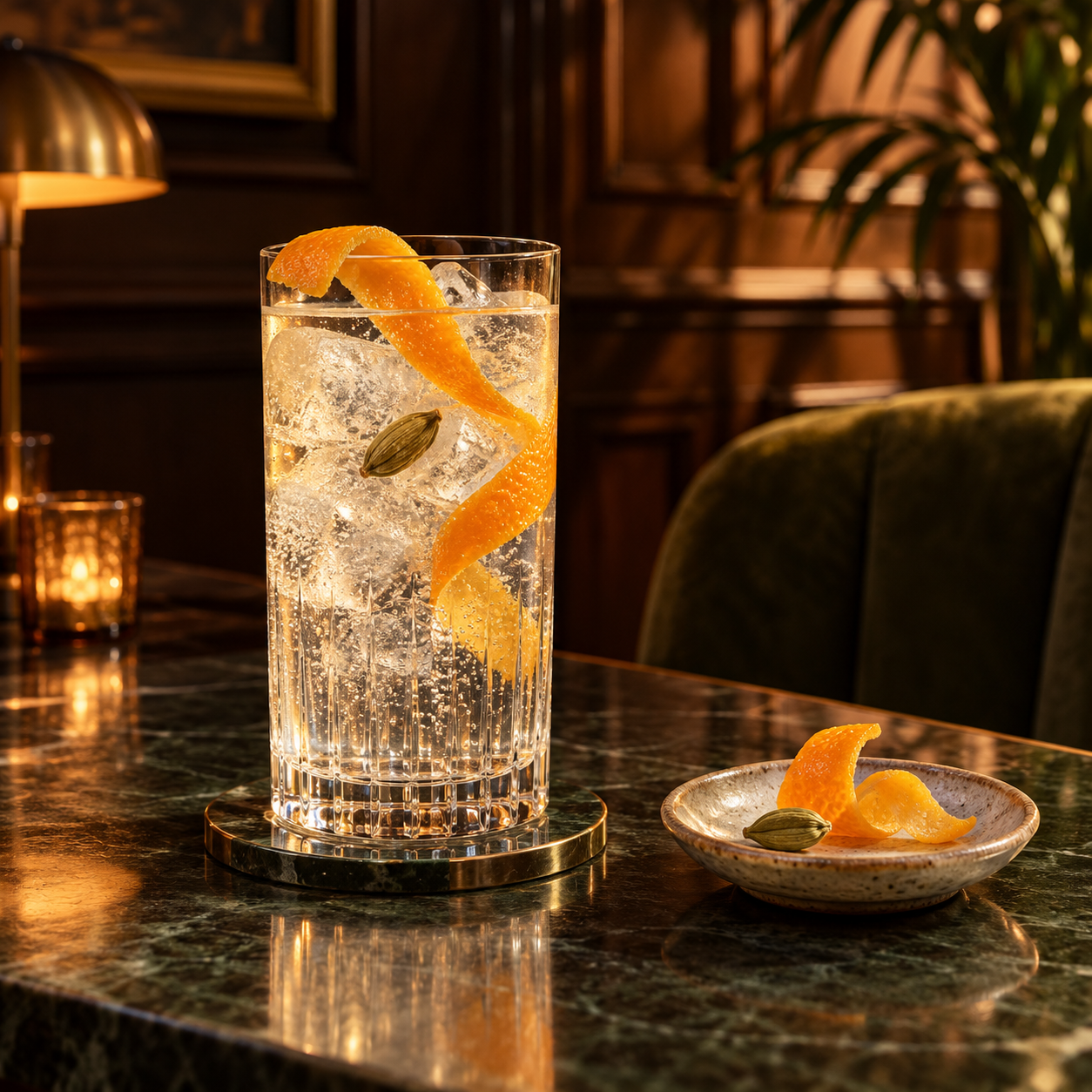 Cassia x Moksha Limited Edition Gin served with The London Essence Company Mediterranean Seville Orange Tonic, garnished with Orange twist and Cardamom Pod