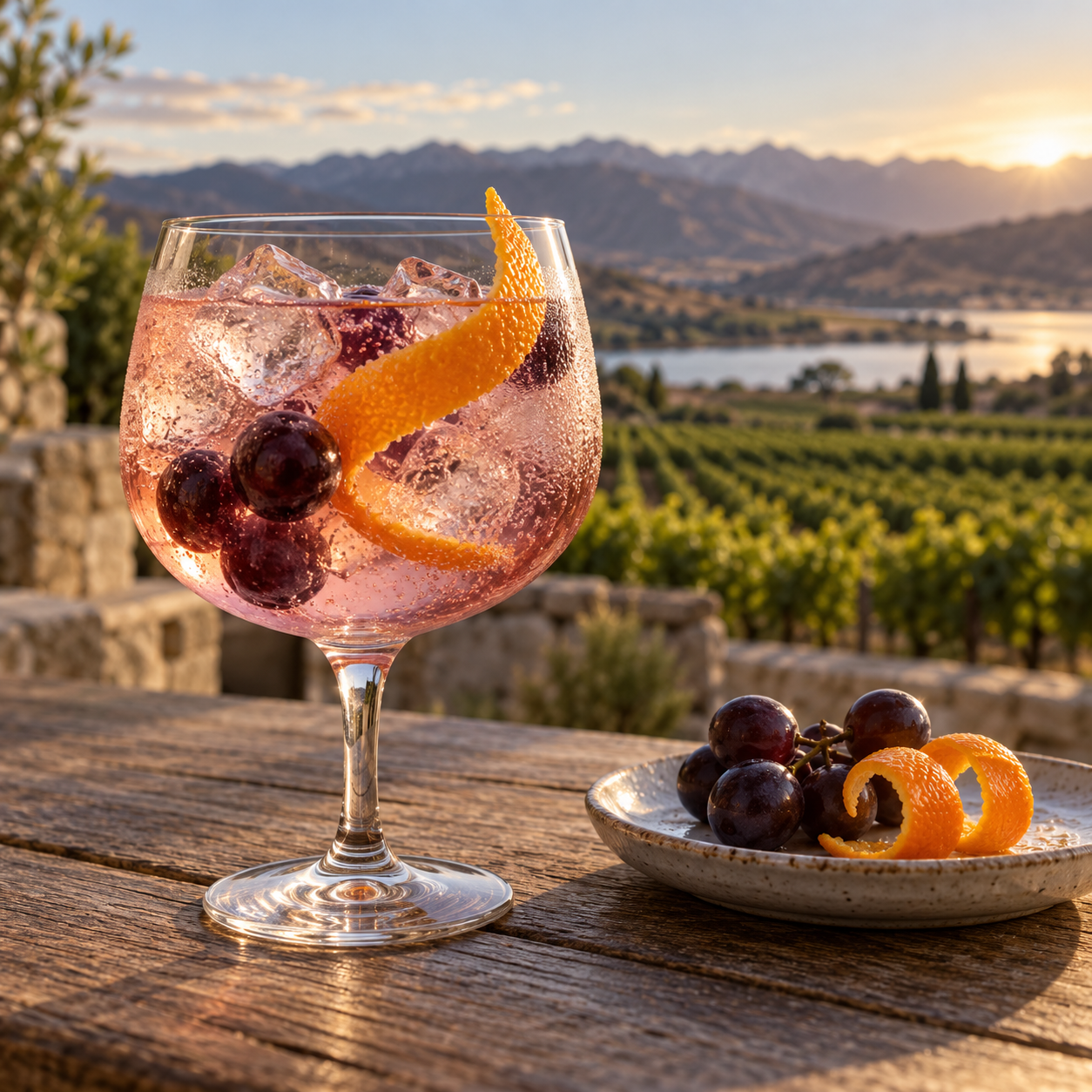 Broken Heart Pinot Noir Gin served with Fentimans Valencian Orange Tonic Water, garnished with Black Grapes and Orange twist