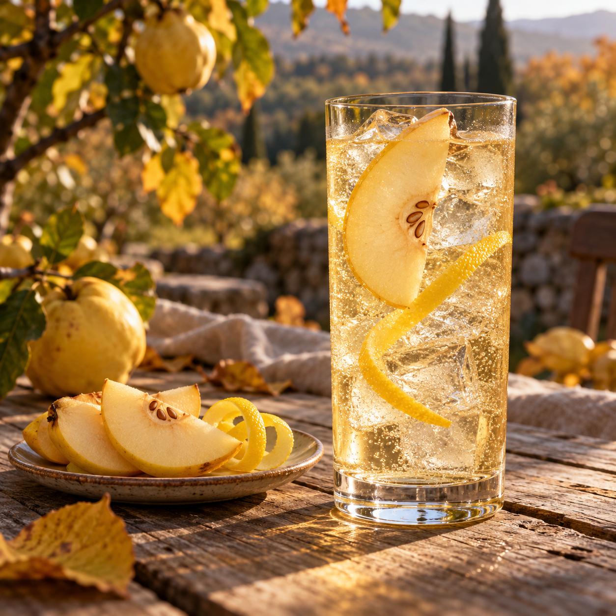 Broken Heart Quince Gin served with Thomas Henry Elderflower Tonic, garnished with Quince Slice and Lemon twist