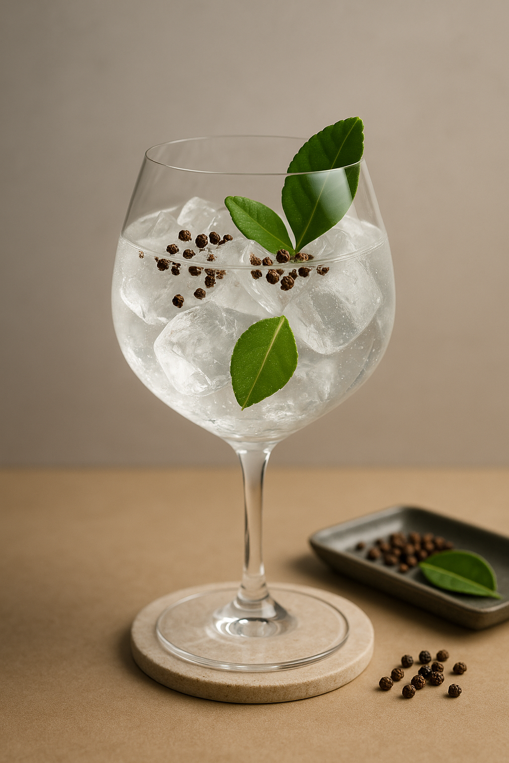Birdie Kaffir Gin served with Le Tribute Tonic Water, garnished with Thin slice of fresh kaffir lime leaf, gently slapped and Crushed Java peppercorns