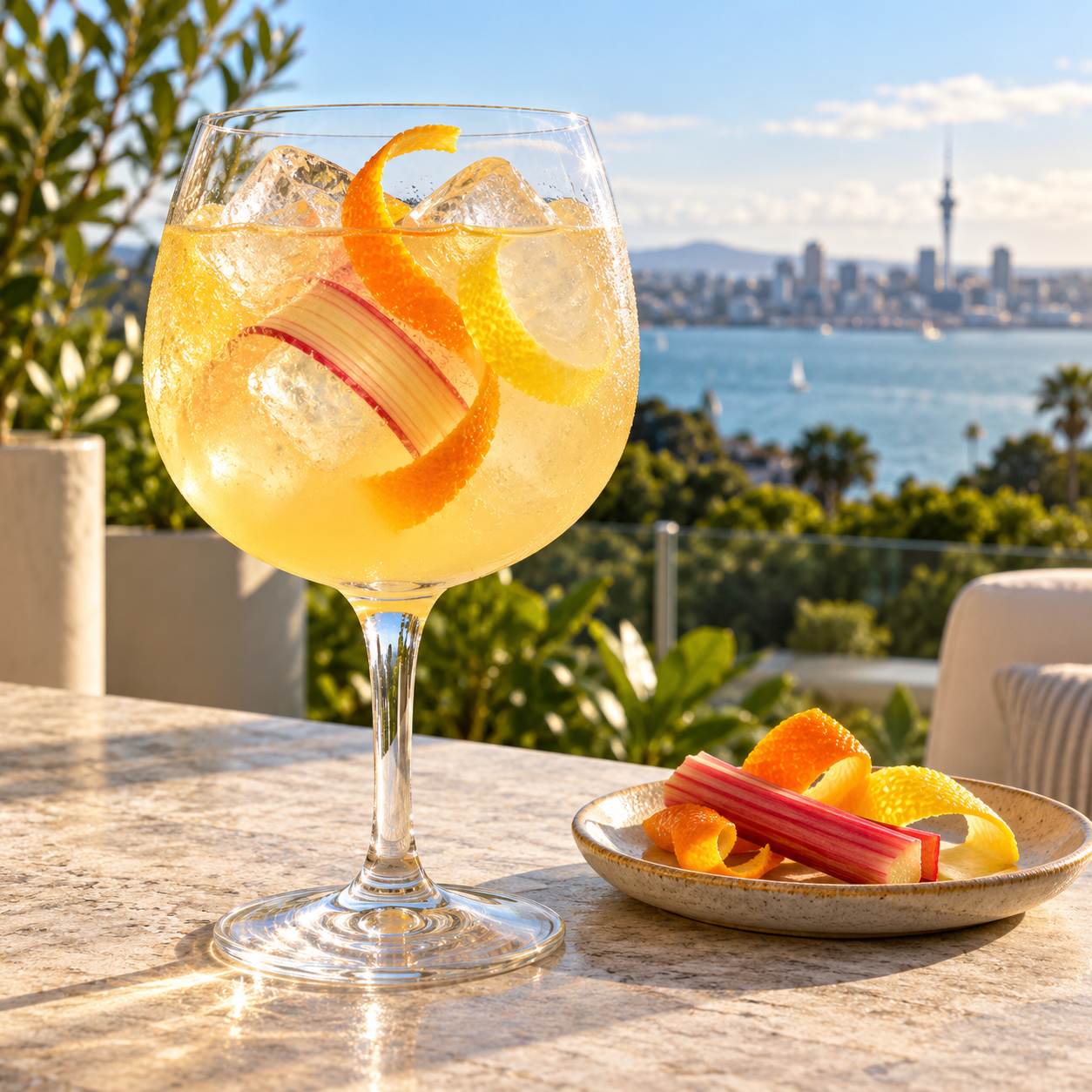 Blush Citrus Gin served with East Imperial Grapefruit Tonic, garnished with Orange twist and Lemon twist
