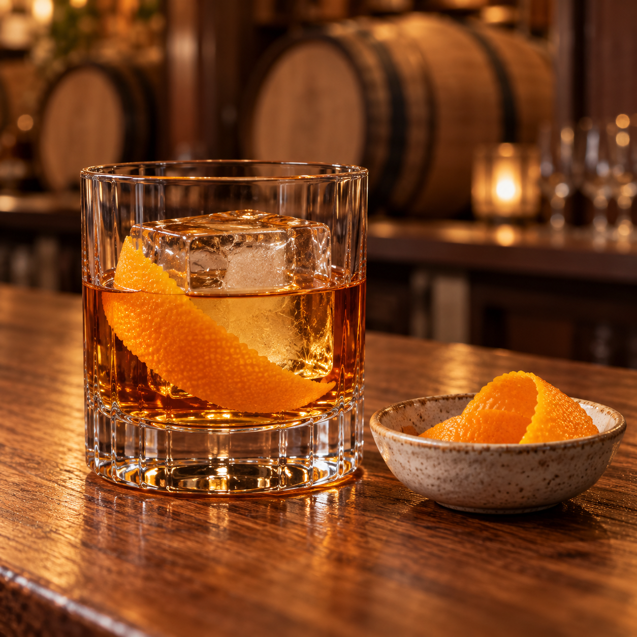 Broken Heart Barrel Aged Gin served, garnished with Orange twist