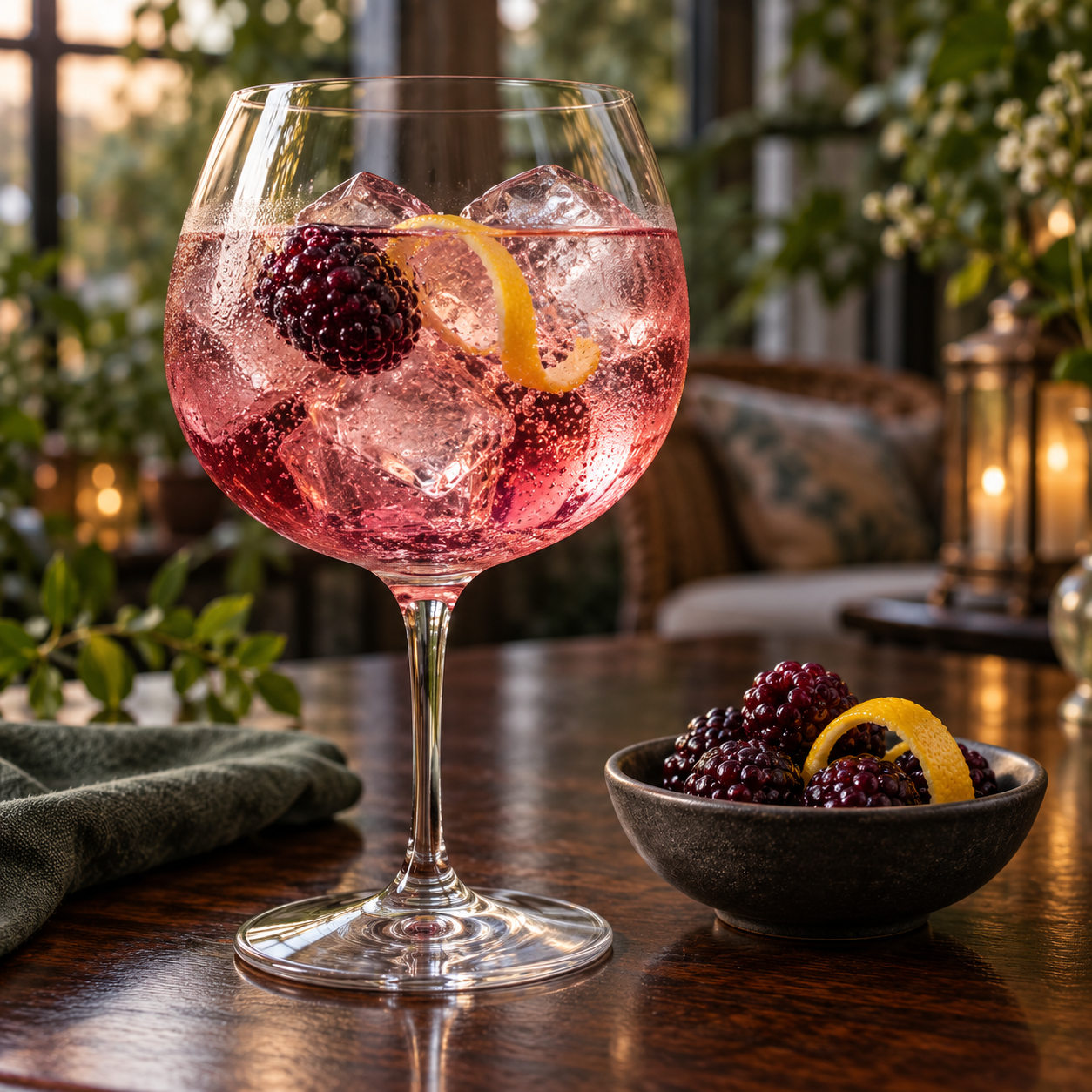 Blush Boysenberry Gin served with Double Dutch Pomegranate Basil Tonic, garnished with Blackberry and Lemon twist