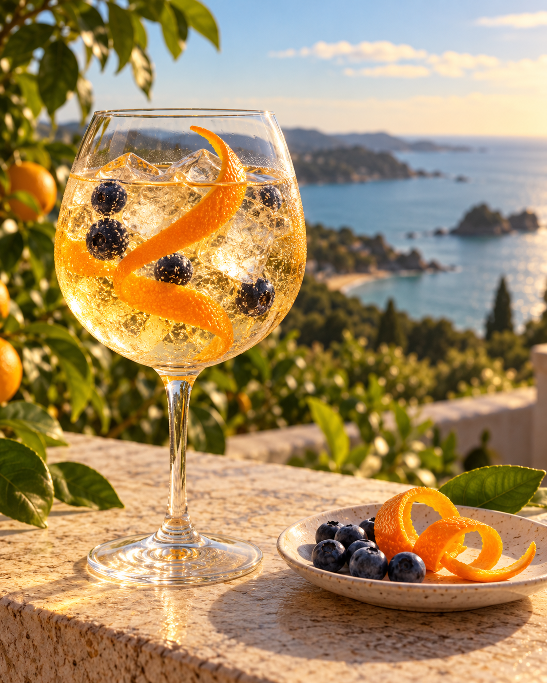 Awildian Coromandel Tangelo Gin served with East Imperial Bursting With Citrus Flavours – Yuzu & Pink Grapefruit, garnished with Thin Tangelo Peel Twist and Blueberry