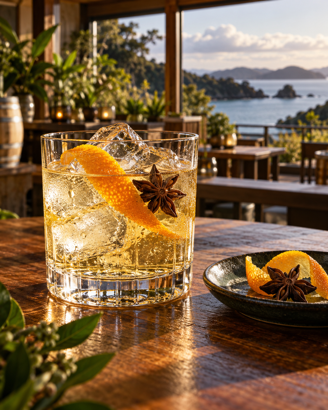 Awildian Coromandel Spiced Gin served with Schweppes Premium Mixer Pink Pepper Tonic, garnished with Orange Wheel and Star Anise