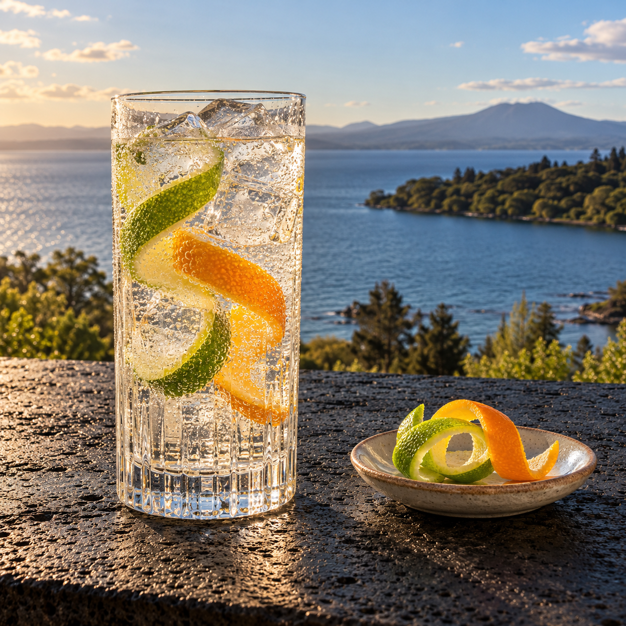 5 Mile Original Gin served with Bö Dry Tonic, garnished with Lime Twist and Orange twist