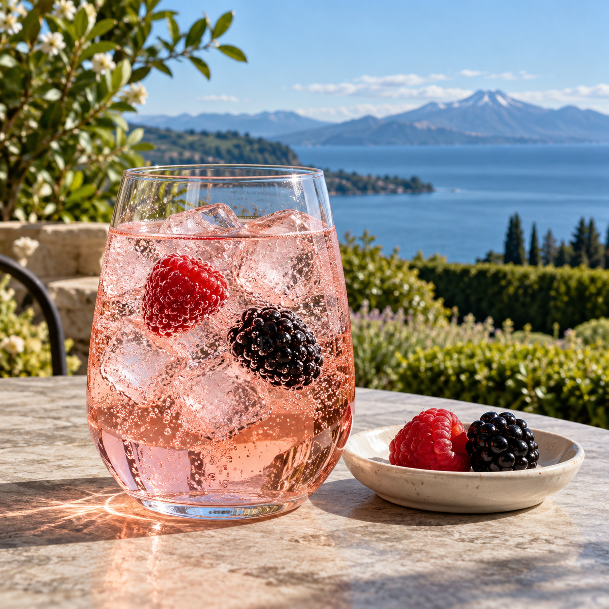 5 Mile Berry Gin served with Double Dutch Pomegranate Basil Tonic, garnished with Fresh raspberry and Blackberry
