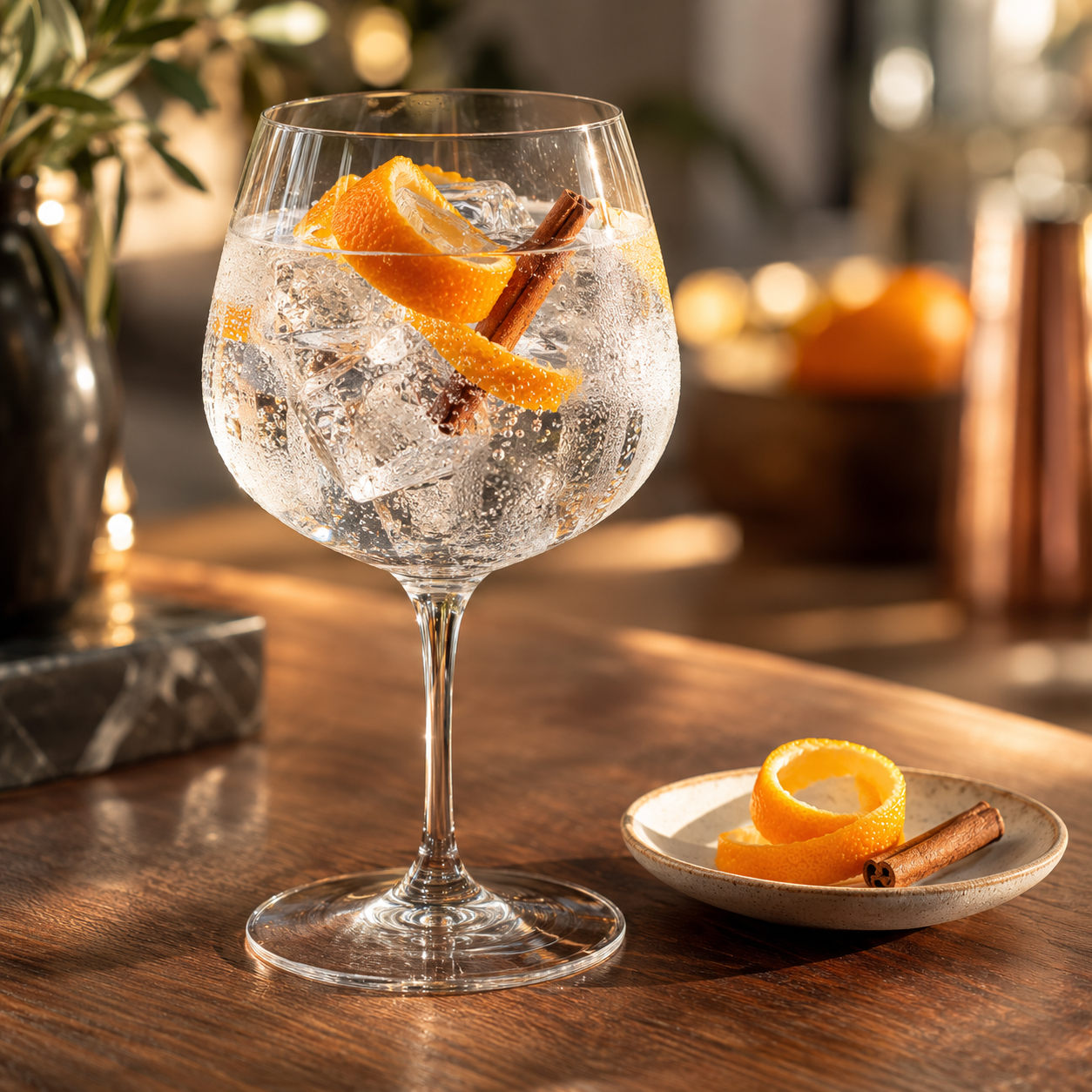 1919 Classic Gin served with 1724 Tonic Water, garnished with Orange twist and Cinnamon Stick