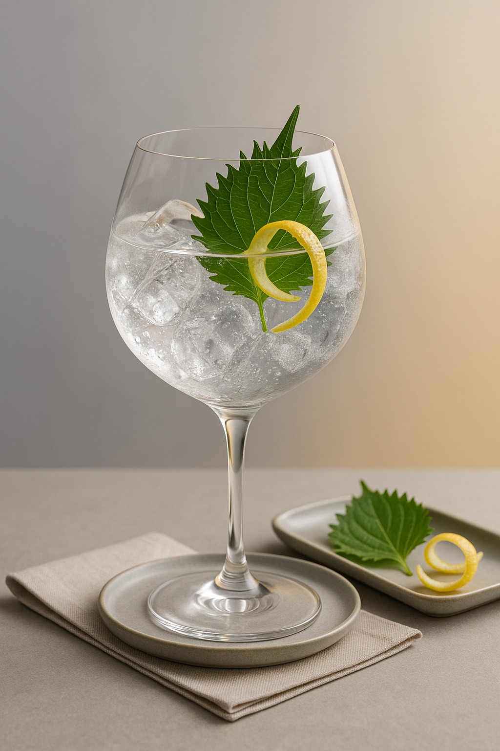 Birdie Shiso Gin served with Le Tribute Tonic Water, garnished with Fresh shiso leaf, gently slapped and Thin twist of lemon zest