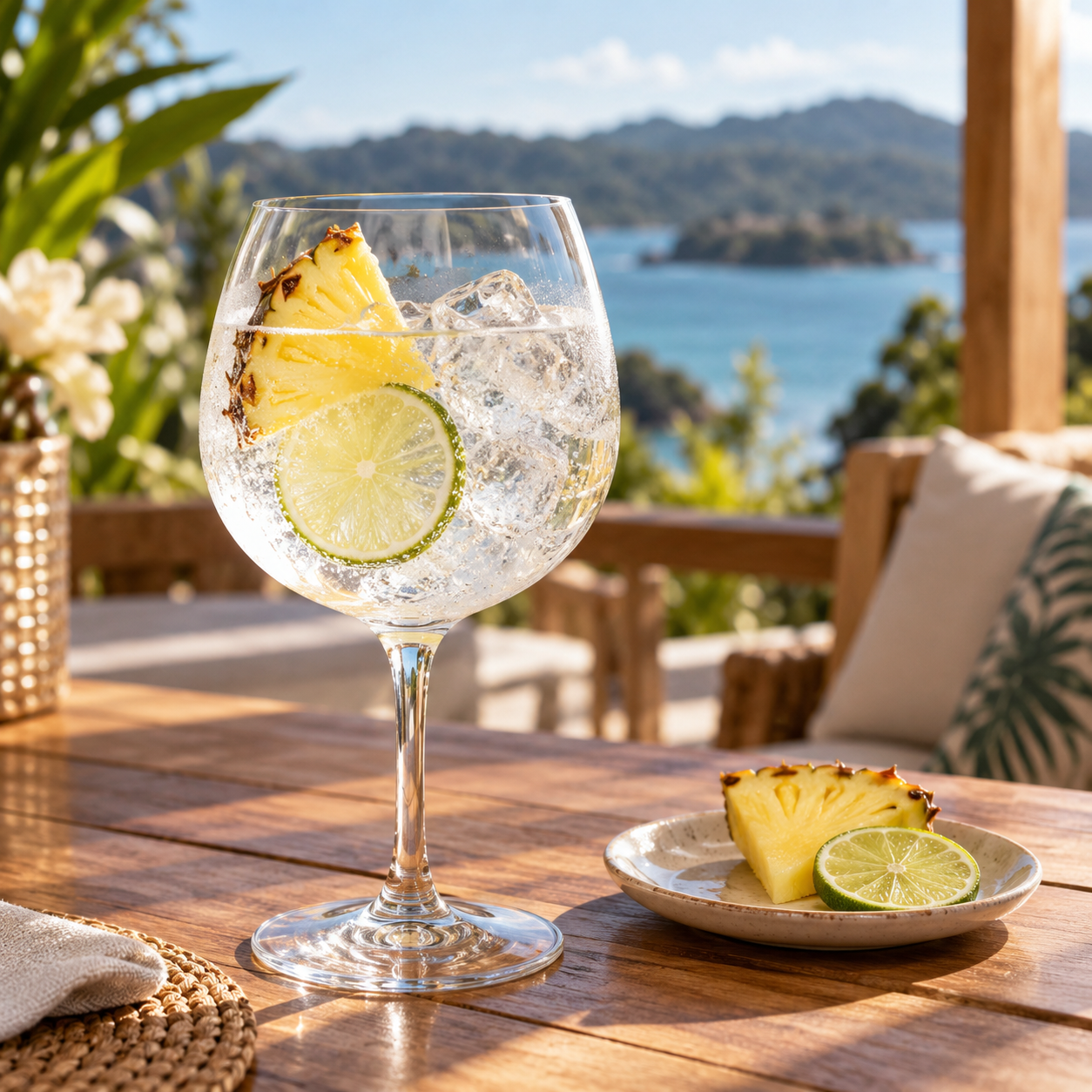 1919 Pineapple Bits Gin served with East Imperial Bursting With Citrus Flavours – Yuzu & Pink Grapefruit, garnished with Fresh Pineapple Slice and Fresh Lime Wheel