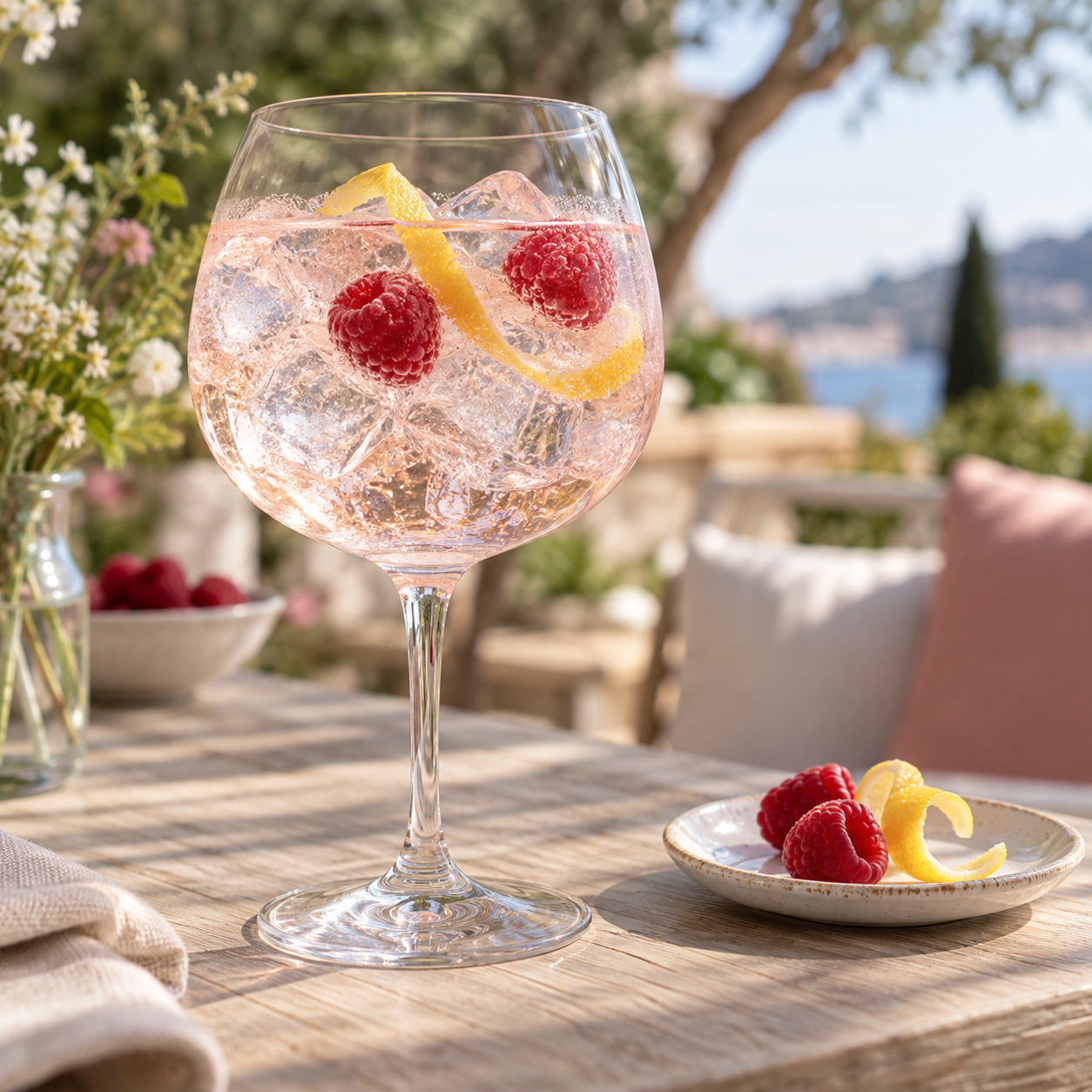 1919 Pink Gin served with Double Dutch Elderflower Tonic, garnished with Fresh raspberries and lemon peel