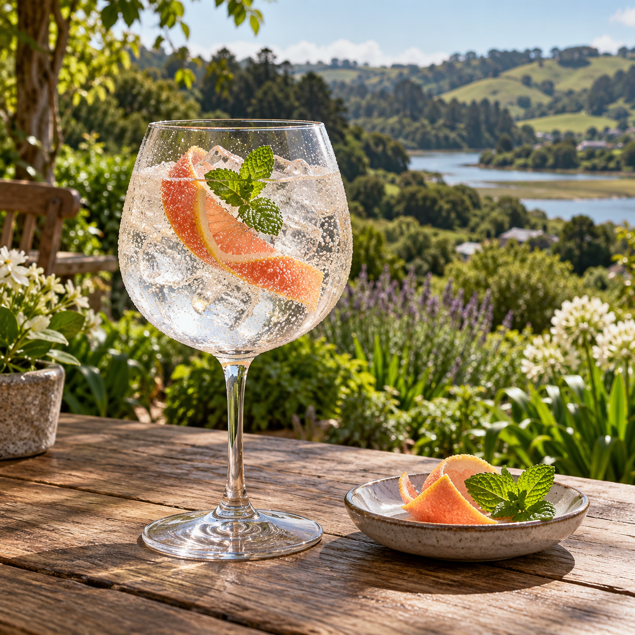 Puhoi Dry Gin served with Folkington's English Garden Tonic Water, garnished with Grapefruit Twist and Fresh Mint Leaf