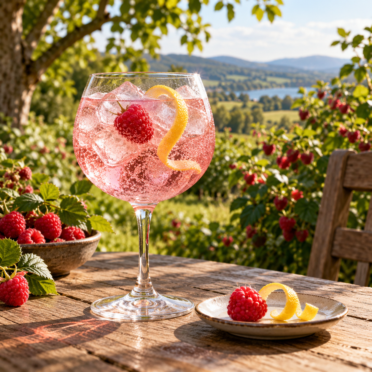 Puhoi Raspberry Dry Gin servi avec Fentimans Valencian Orange Tonic Water, agrémenté de framboise fraîche et zeste de citron