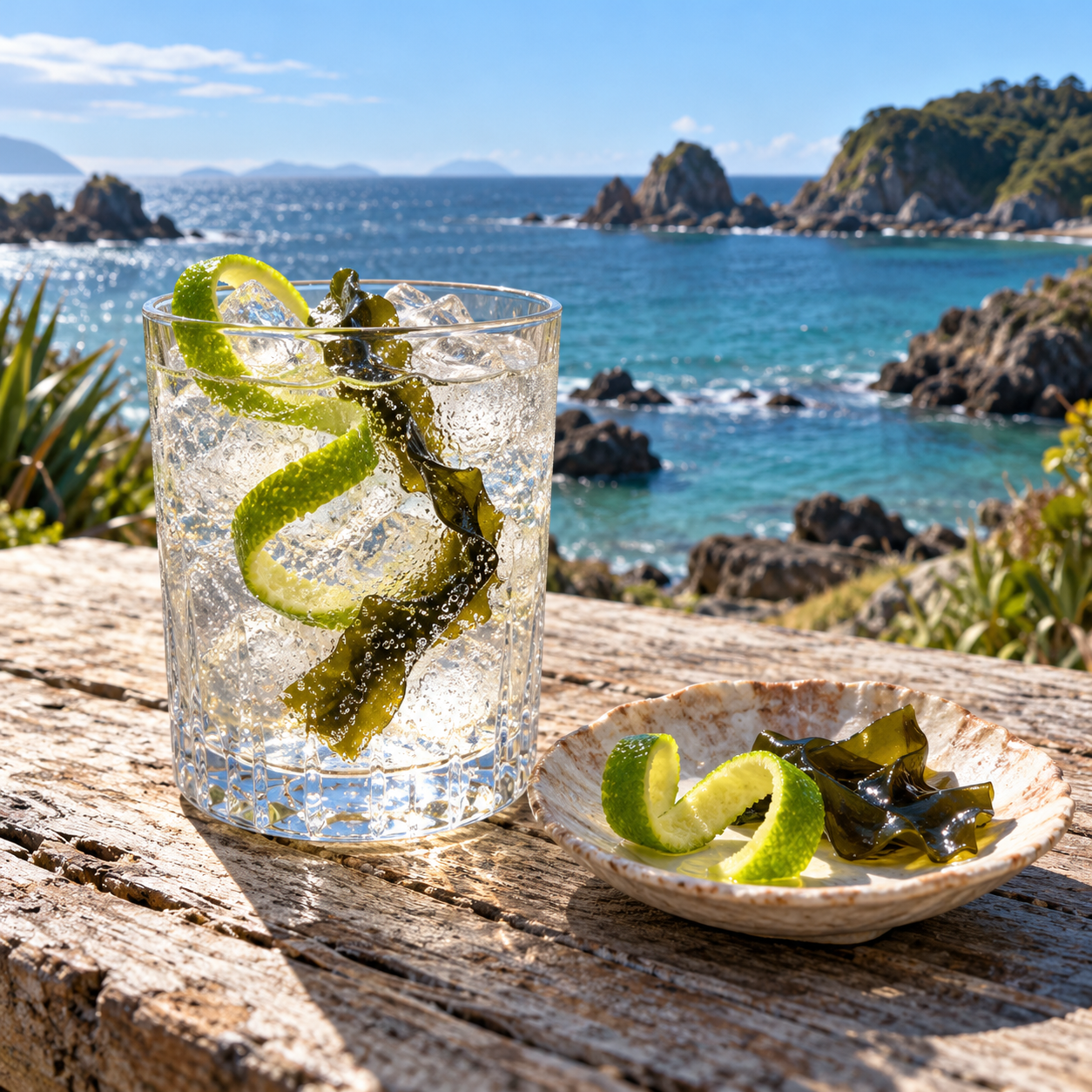 Imagination Wakame and Lime Dry Gin served with Alchemy & Tonic Yuzu & Lemongrass Tonic Water, garnished with Lime Twist and Seaweed Strip