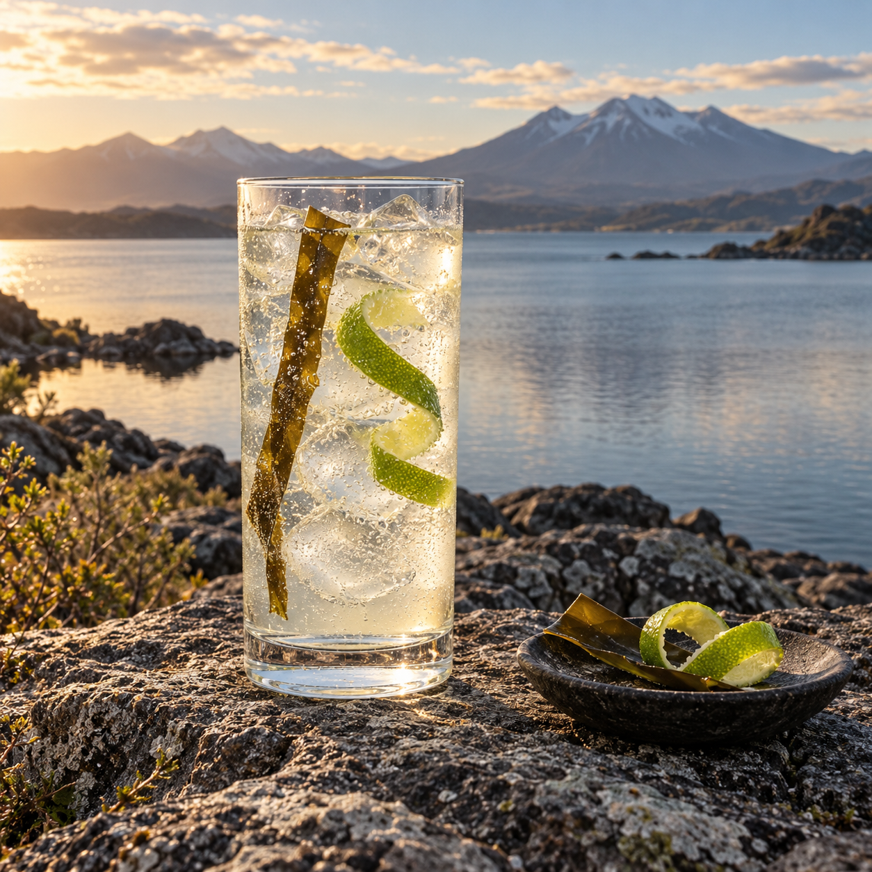 5 Mile Navy Gin served with Franklin & Sons Mediterranean Tonic Water, garnished with Sea Kelp and Lime Twist