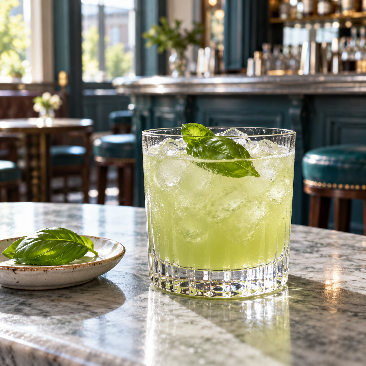 Blackwater No 5 Gin servi, agrémenté de feuille de basilic fraîche et feuilles de basilic