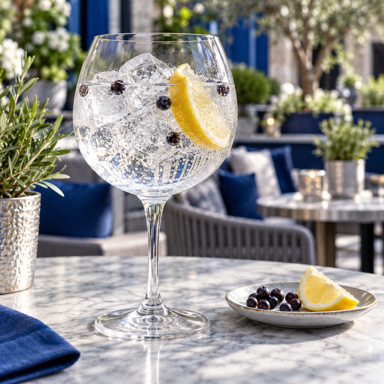Stillgarden Dublin Dry Gin served with Franklin & Sons Premium Indian Tonic Water, garnished with Lemon Wedge and Juniper Berries