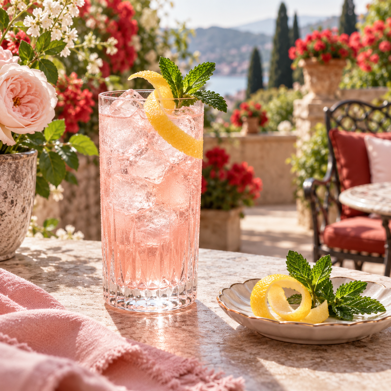 Shortcross Rosie's Garden Pink Gin served with Sicilian lemonade, garnished with Lemon Peel and Fresh Mint Sprig