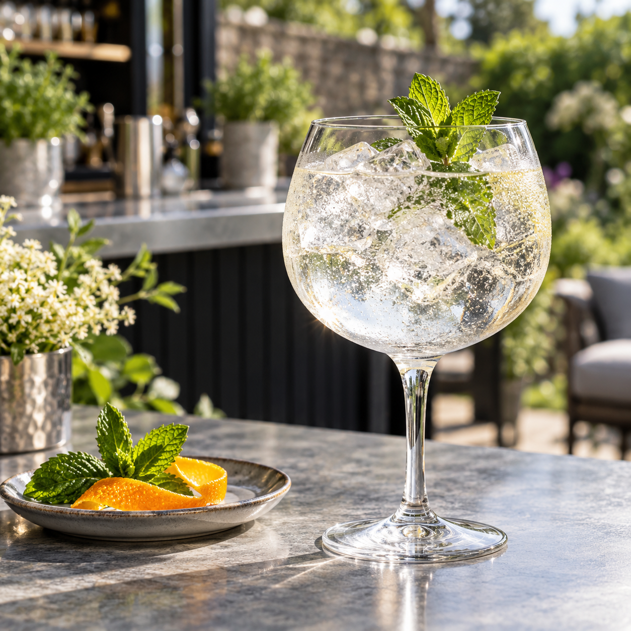 Shortcross Gin served with Fentimans Elderflower Tonic Water, garnished with Orange Peel and Fresh Mint Sprig