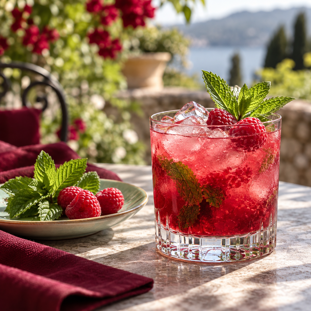 Copeland Raspberry & Mint Pink Gin served, garnished with Fresh Raspberries and Mint leaves