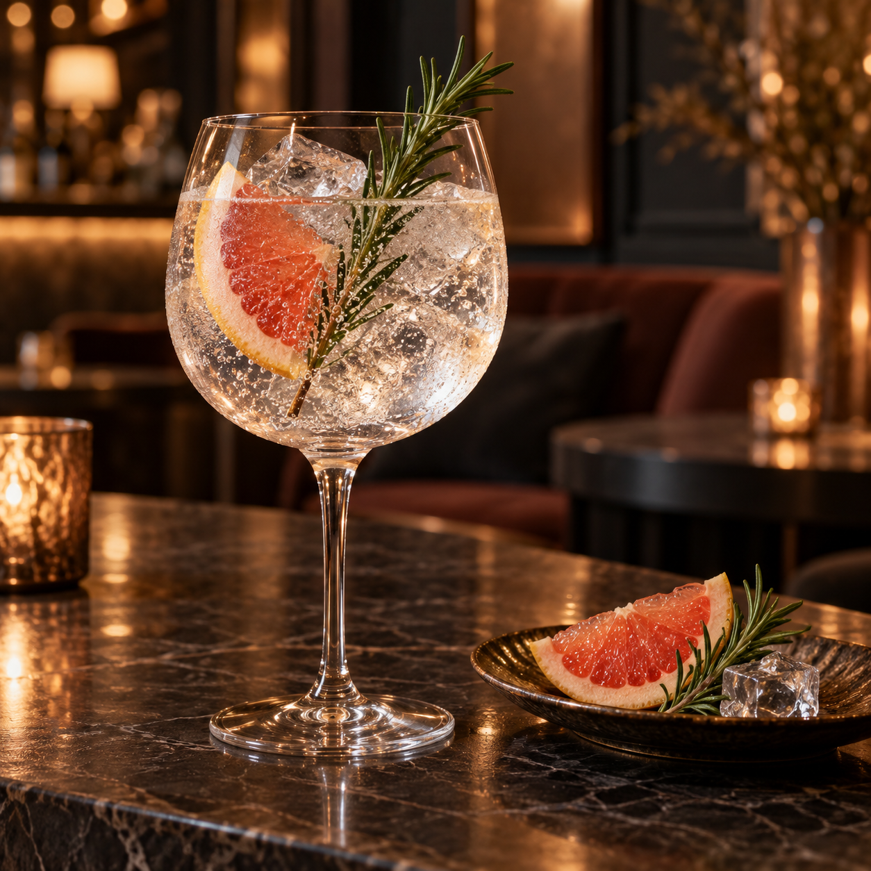 Blackwattle Imperial Dry Gin servi avec The London Essence Company Original Indian Tonic Water, agrémenté de quartier de pamplemousse rose et brin de romarin frais