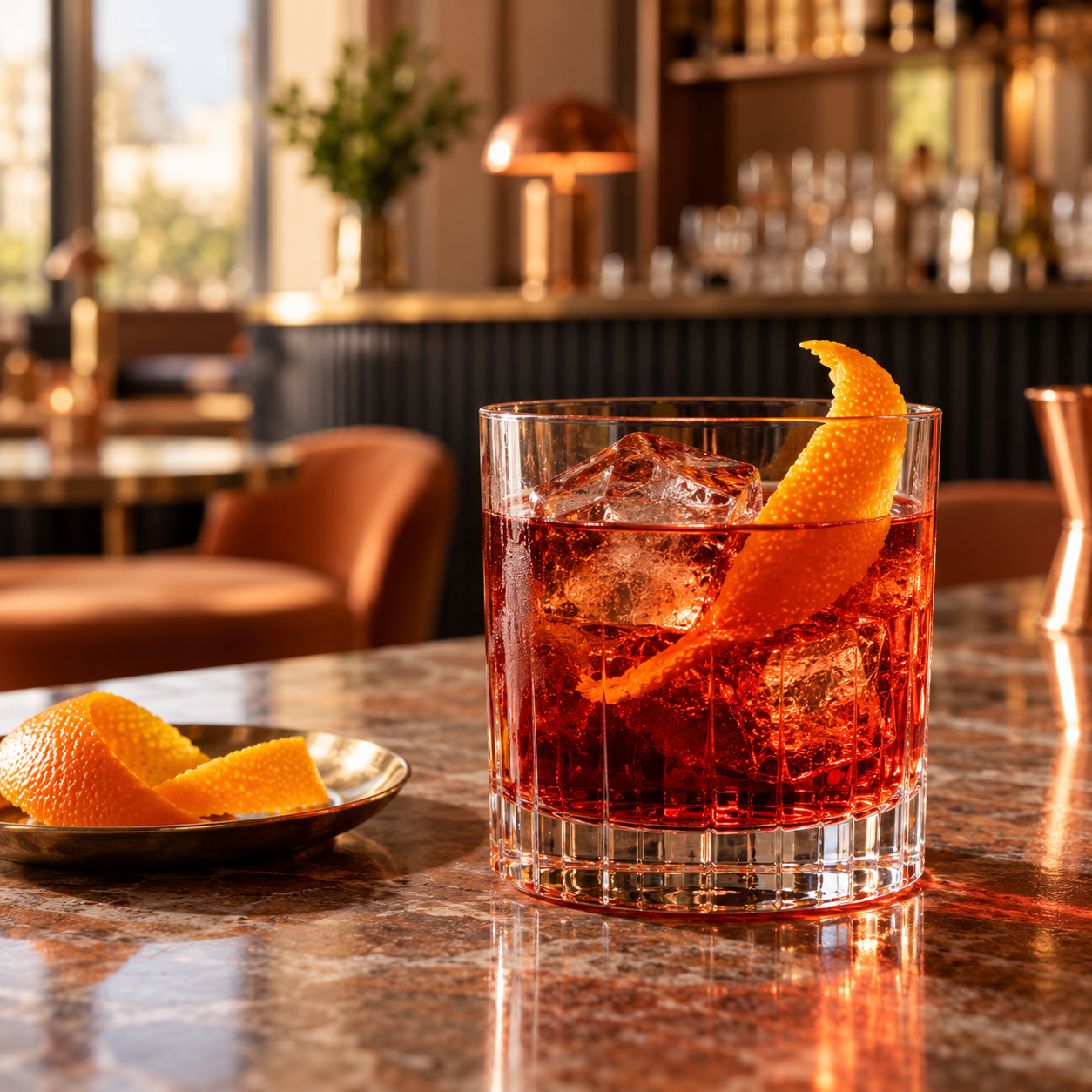 Blackwattle Chaperone Negroni Gin served, garnished with Orange Peel