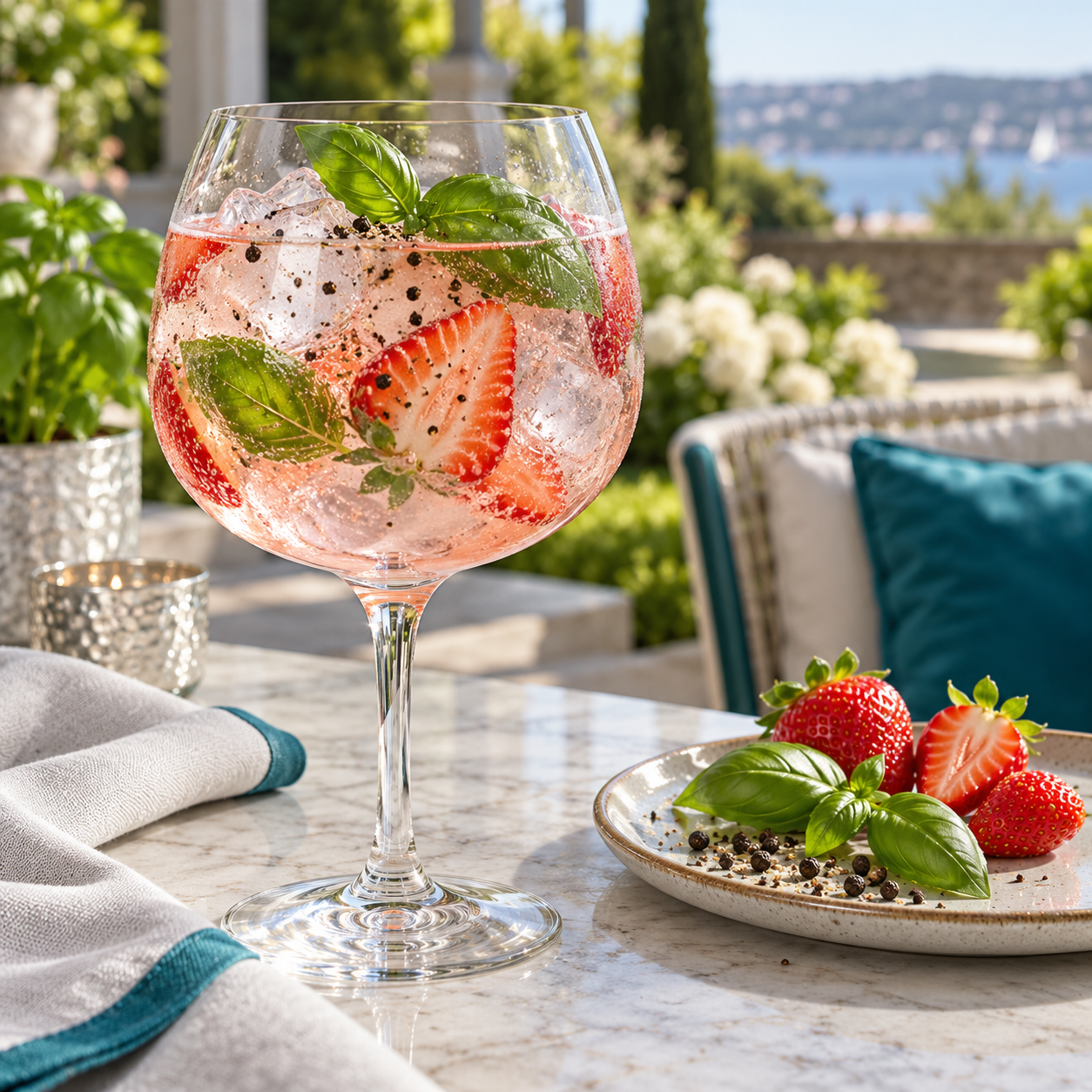Blackwater Wexford Strawberry Gin served with Double Dutch Indian Tonic Water, garnished with Fresh Strawberries and Basil Leaves