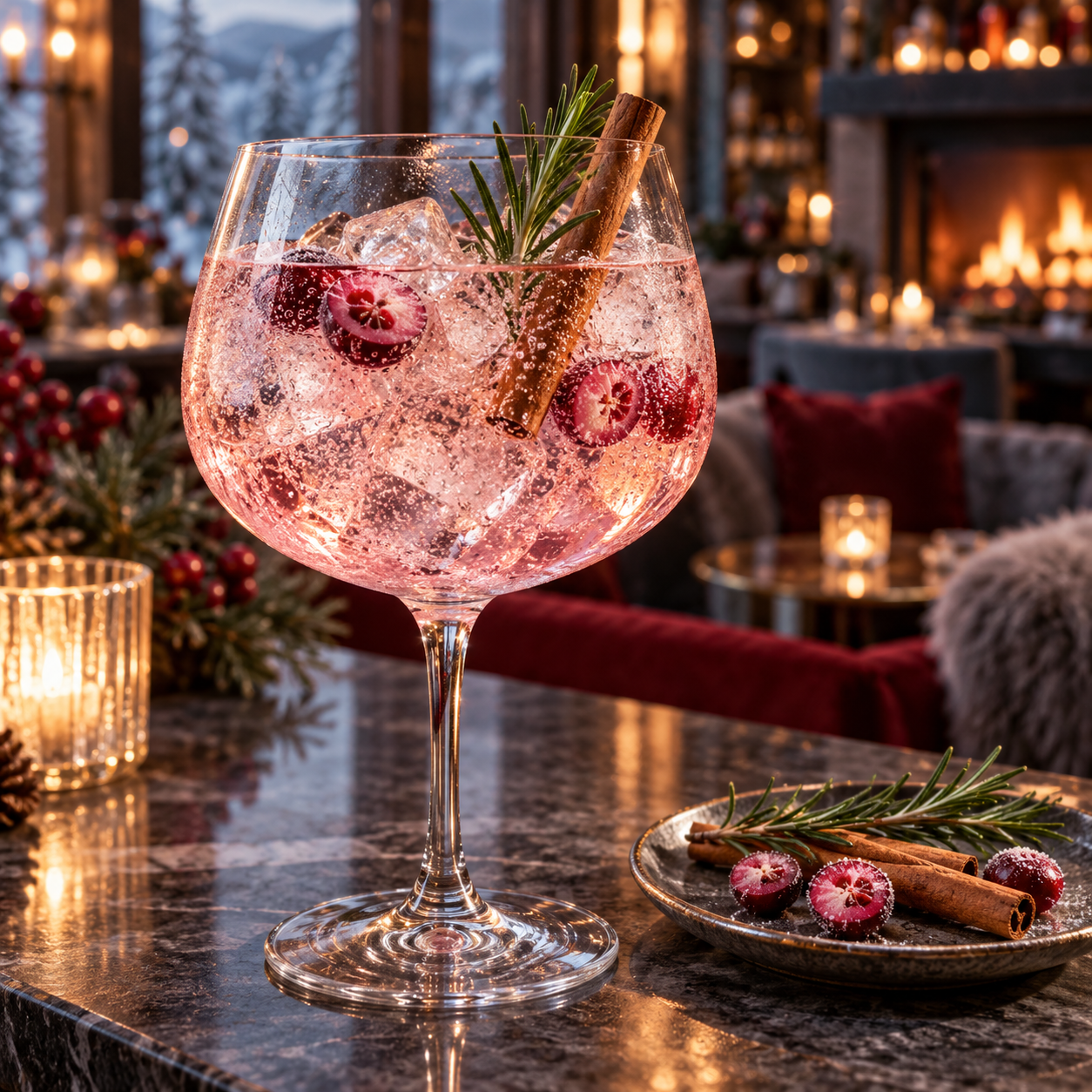 Junimperium Winter Edition Gin served with Fever-Tree Aromatic Tonic Water, garnished with Cinnamon Stick and Fresh Rosemary Sprig