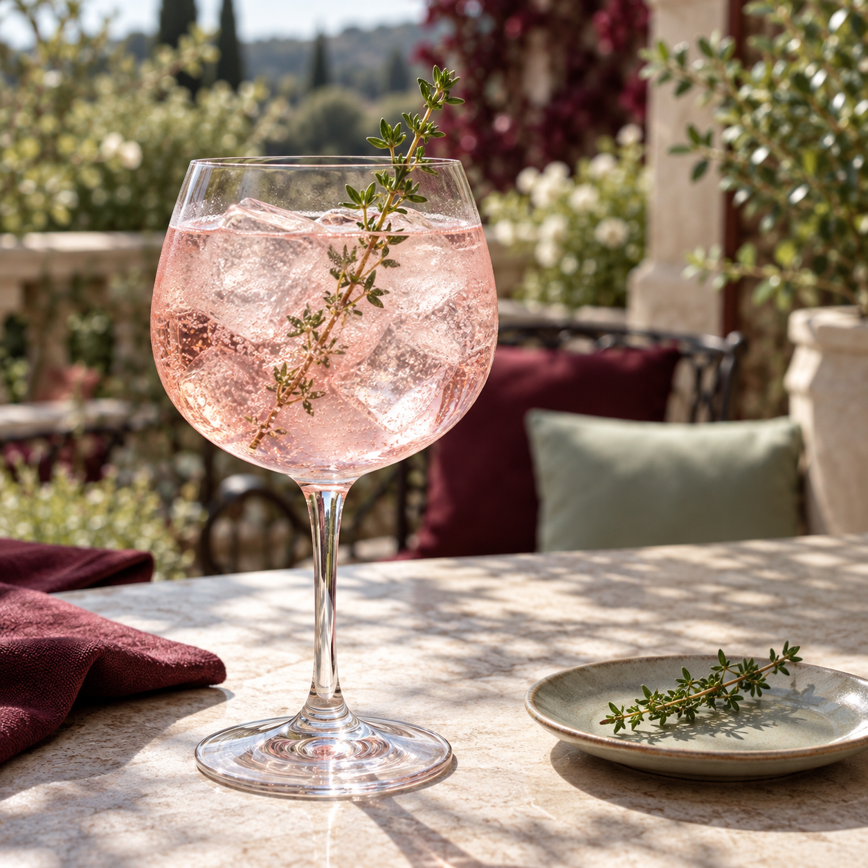Junimperium Cherry Edition Gin served with Fever-Tree Indian Tonic Water, garnished with Fresh Thyme Sprig
