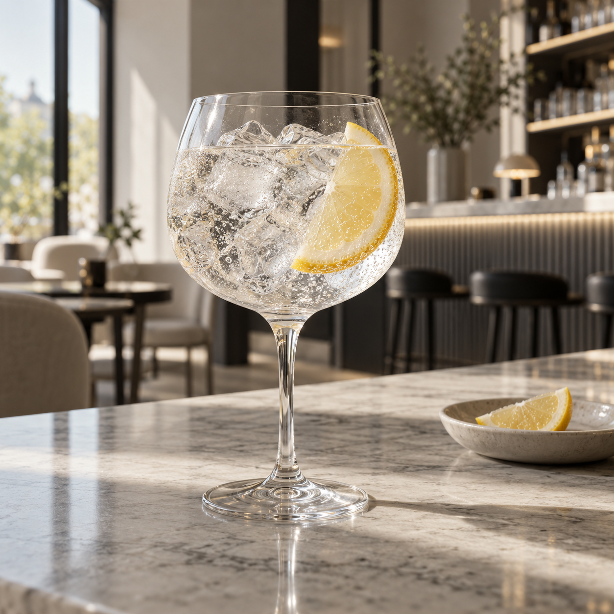 TOHI London Dry Gin Ginger & Sichuan Pepper served with Franklin & Sons Premium Indian Tonic Water, garnished with Lemon Slice