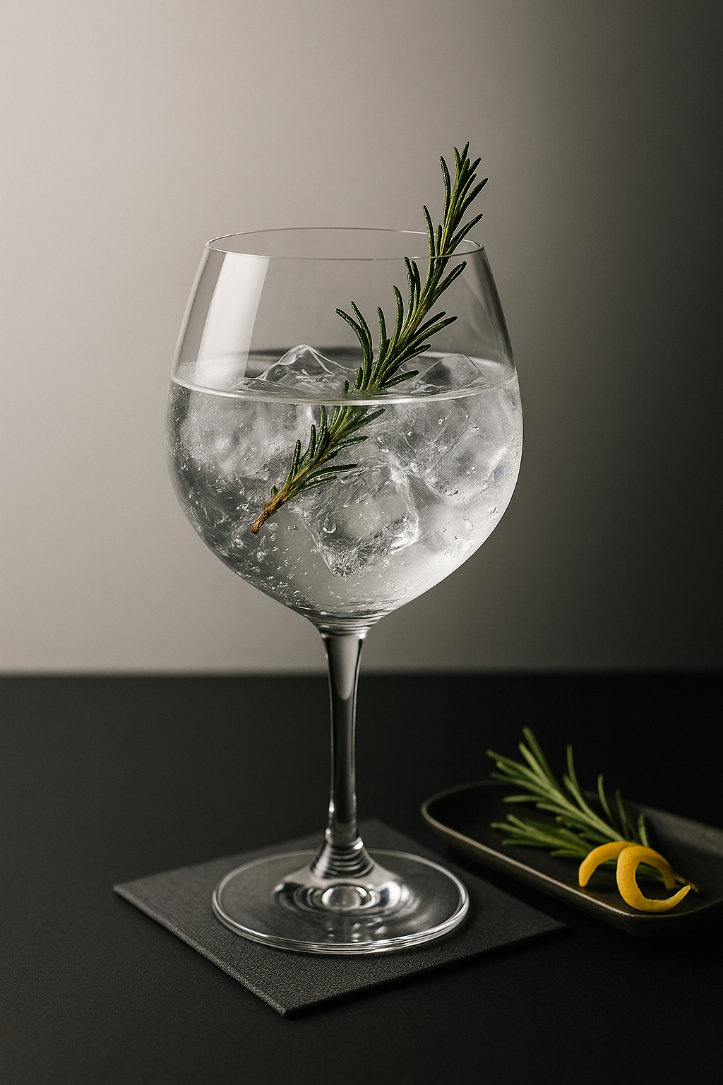 Black Pig Montado Alentejano Gin servi avec Fever-Tree Mediterranean Tonic Water, agrémenté de lightly singed rosemary sprig