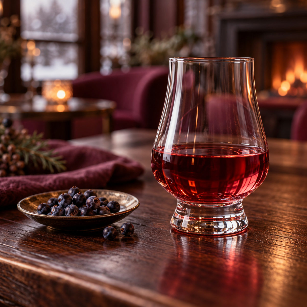 Junimperium Barrel Finished Cherry Gin served, garnished with Juniper Berries