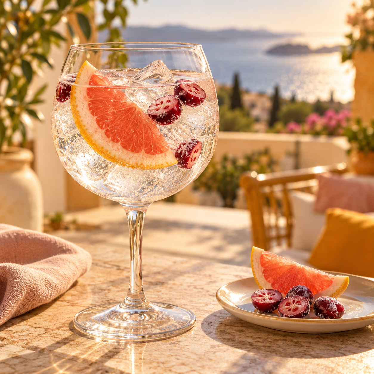 Junimperium Summer Edition Gin served with Fever-Tree Light Tonic Water, garnished with Grapefruit Wedge and Fresh Cranberries