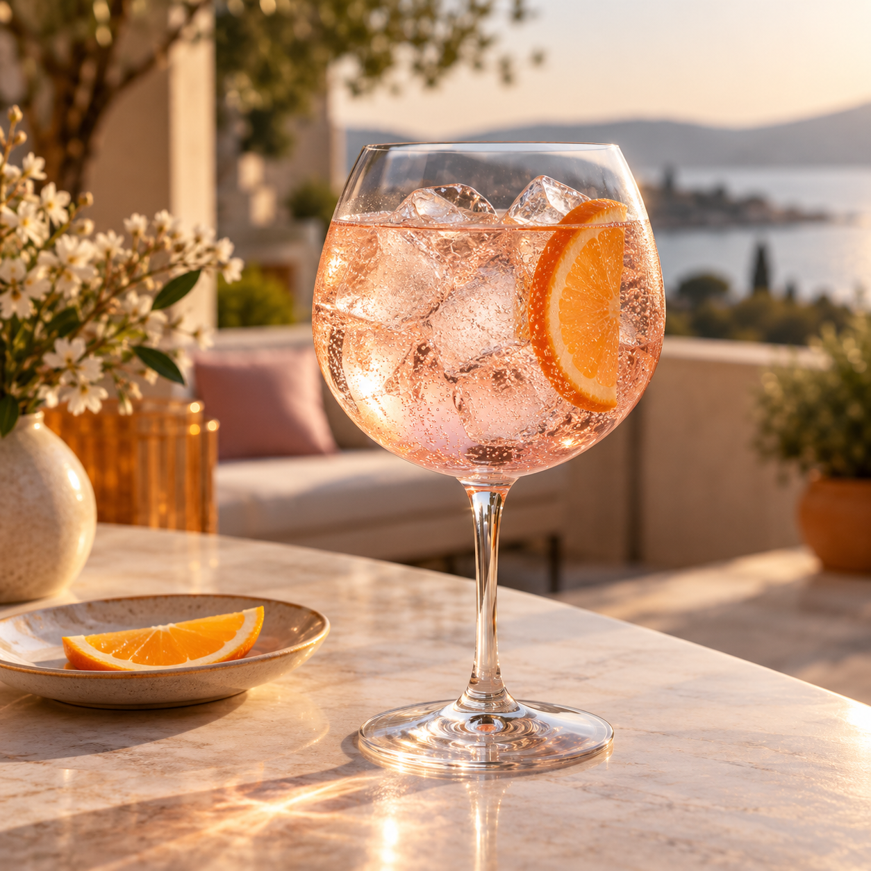 Junimperium Rhubarb Edition Gin served with Fever-Tree Indian Tonic Water, garnished with Thin Orange Slice