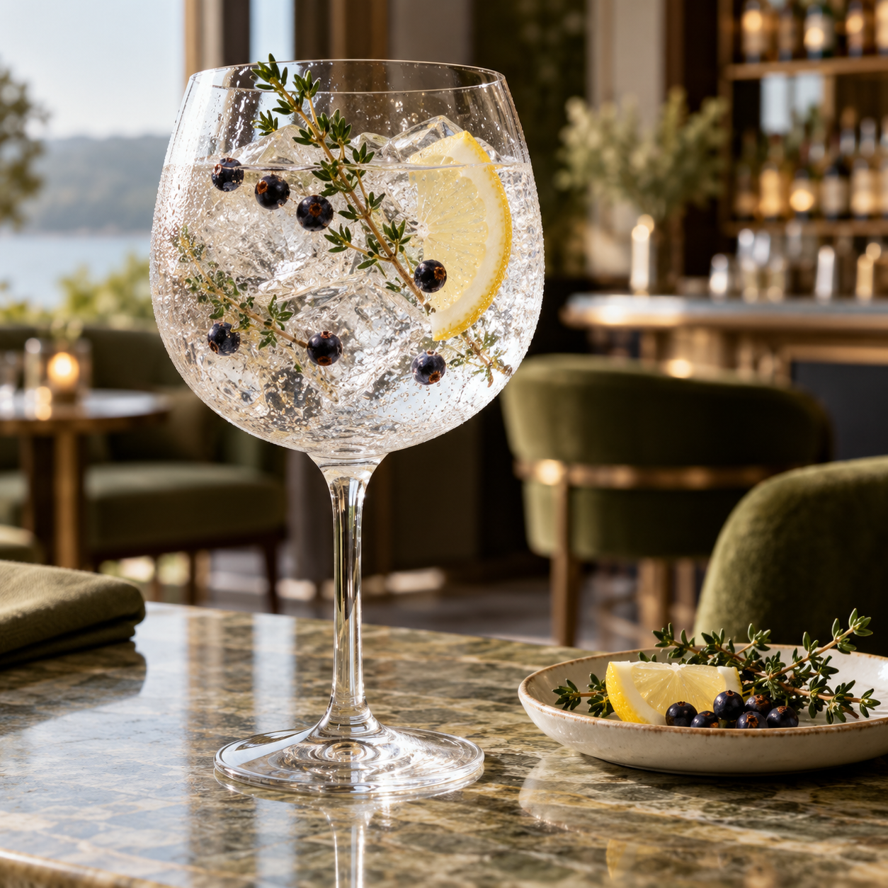 Junimperium Blended London Dry Gin served with Fever-Tree Indian Tonic Water, garnished with Lemon Wedge and Fresh Thyme Sprig