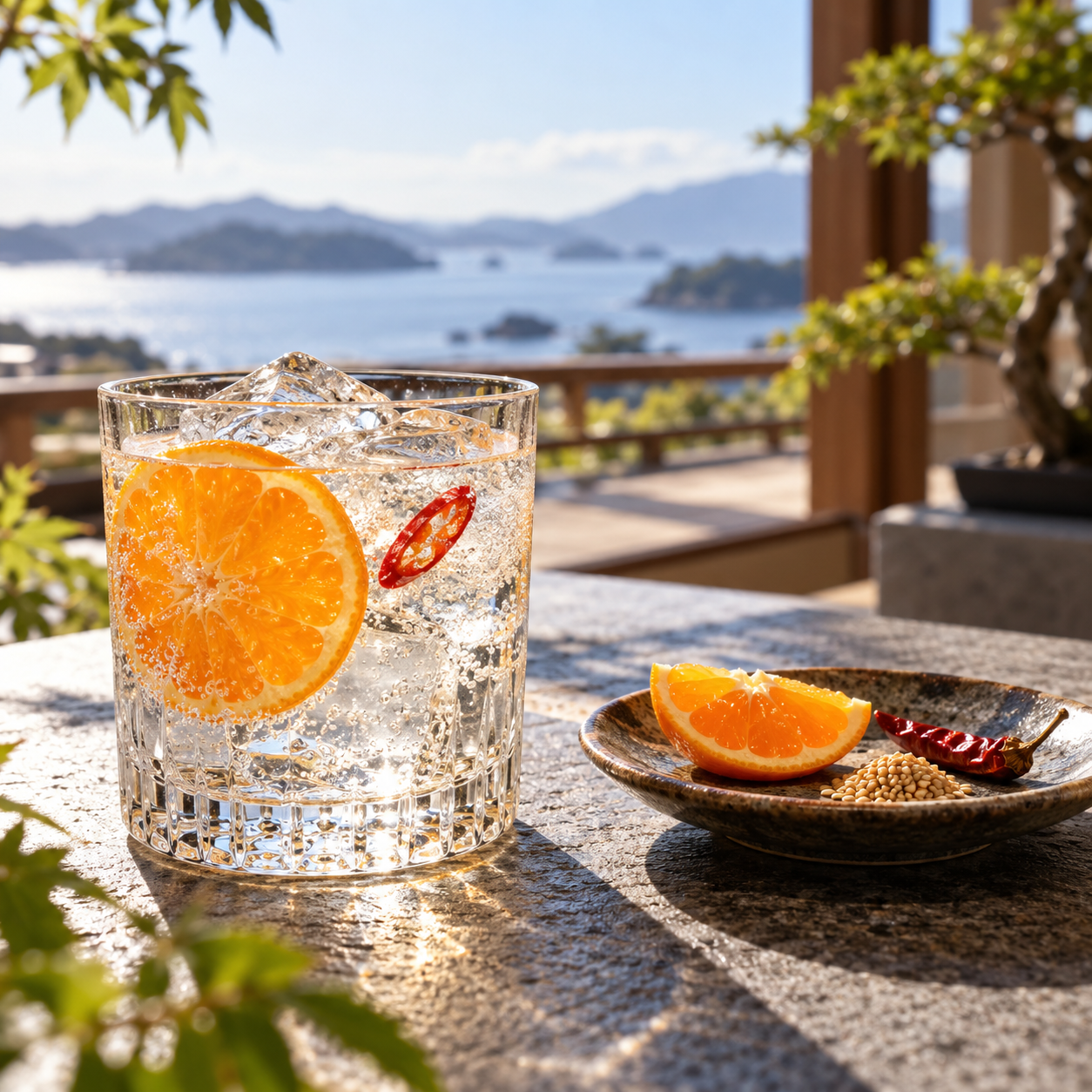 Hirameki Gin served with Schweppes Soda Water, garnished with Thin Slice of Fresh Mikan and Chilli Ring