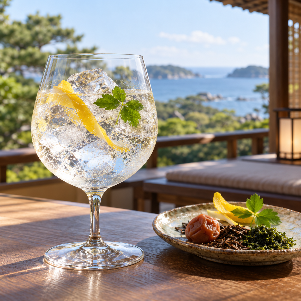 ISE GIN served with Schweppes Soda Water, garnished with Yuzu Peel and Mitsuba Leaf