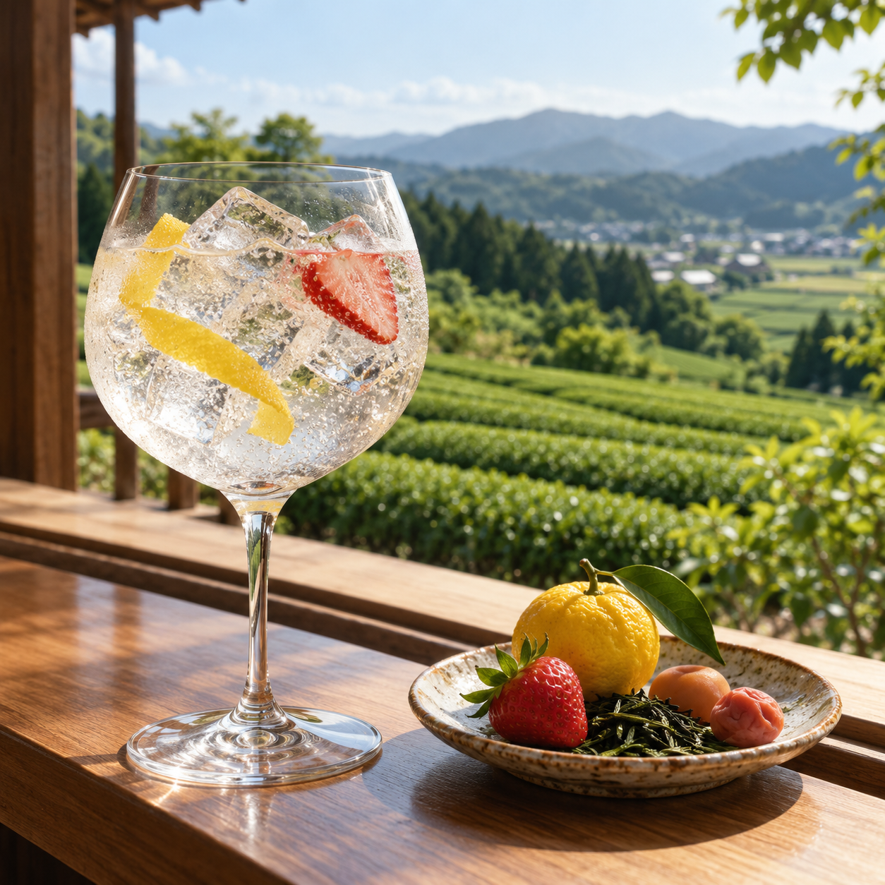 Kitaya Craft Gin served, garnished with Yuzu Peel and Fresh Strawberry Slice