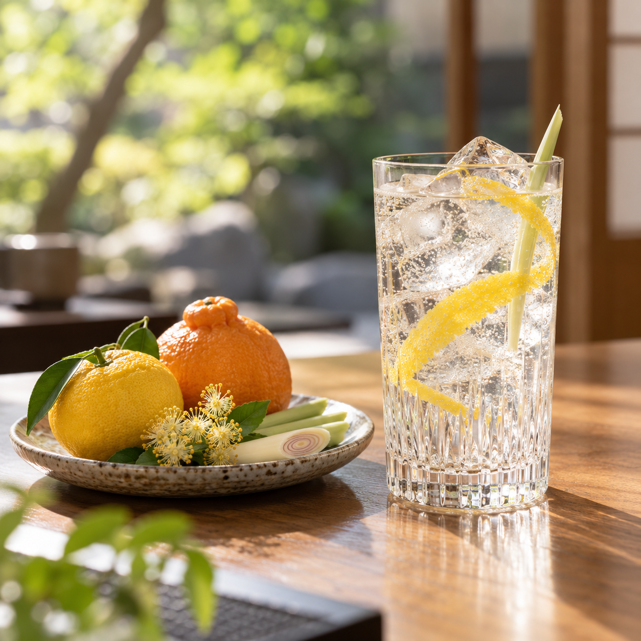 Kitaya Craft Gin 9 served, garnished with Yuzu Peel and Lemongrass