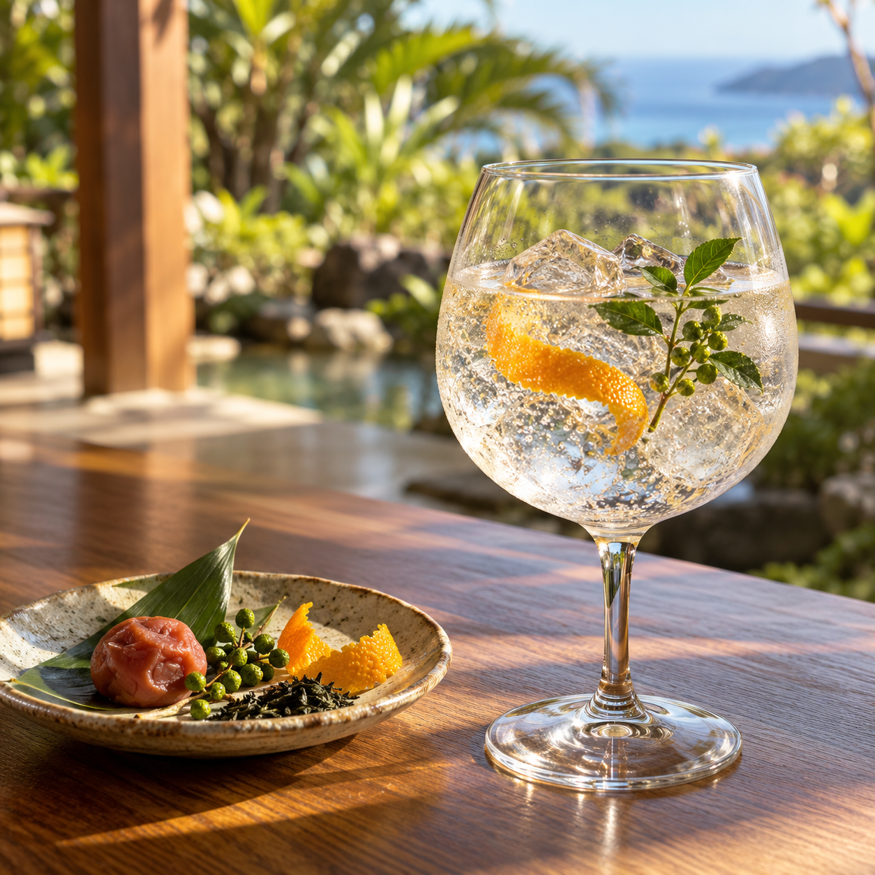 Komaki Gin served with Schweppes Soda Water, garnished with Mandarin Peel and Sansho Peppercorns