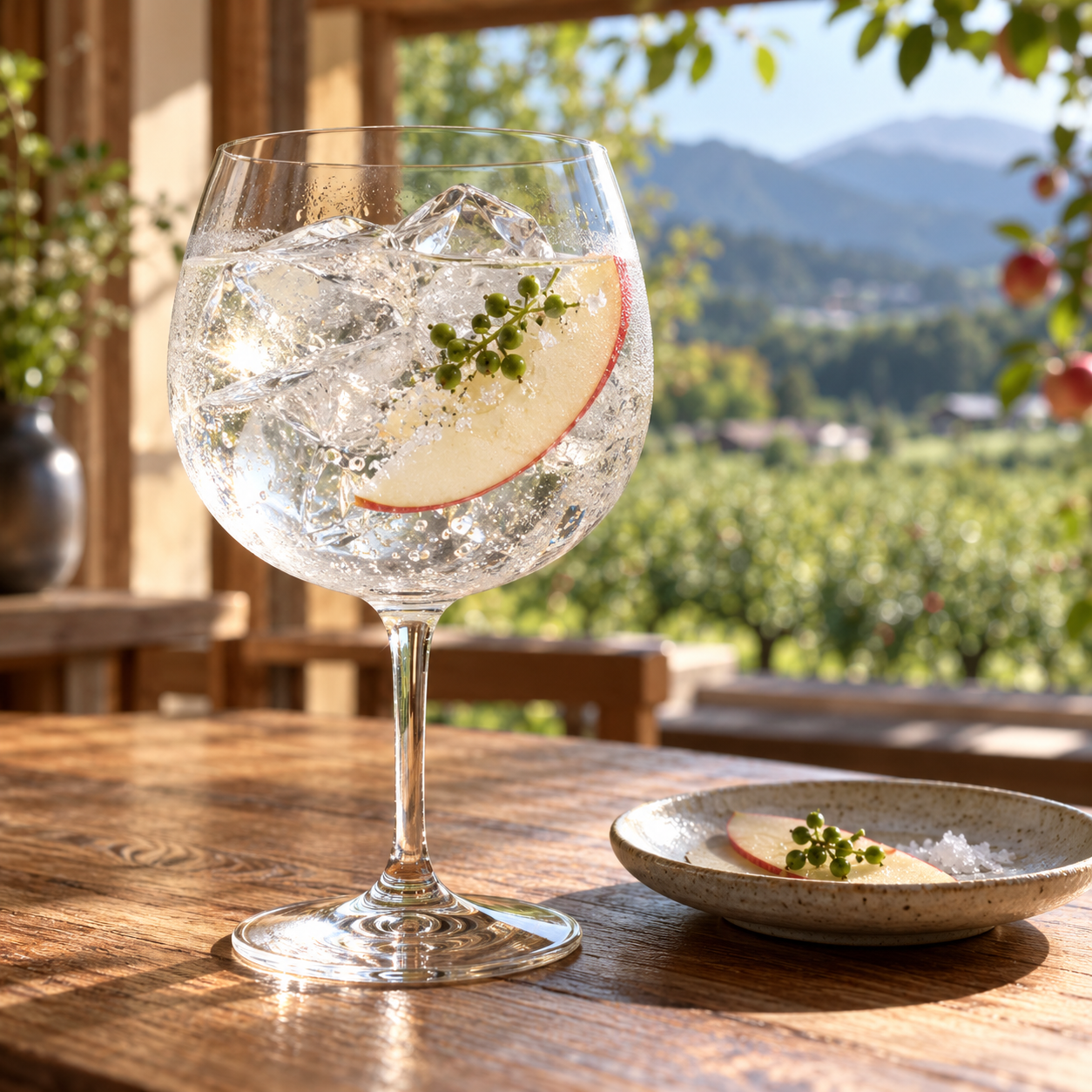 YOHAKHU The Originals served with Schweppes Soda Water, garnished with Apple Slice and Sansho Peppercorns