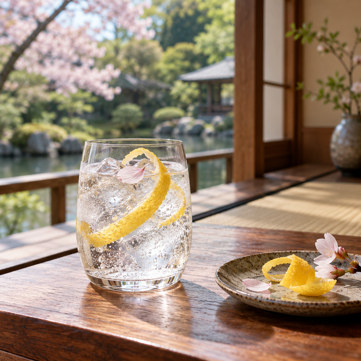 Aichi Craft Gin Kiyosu served with Double Dutch Indian Tonic Water, garnished with Cherry Blossom or Dried Sakura Flower and Fresh Sakura Leaf or Edible Cherry Blossom