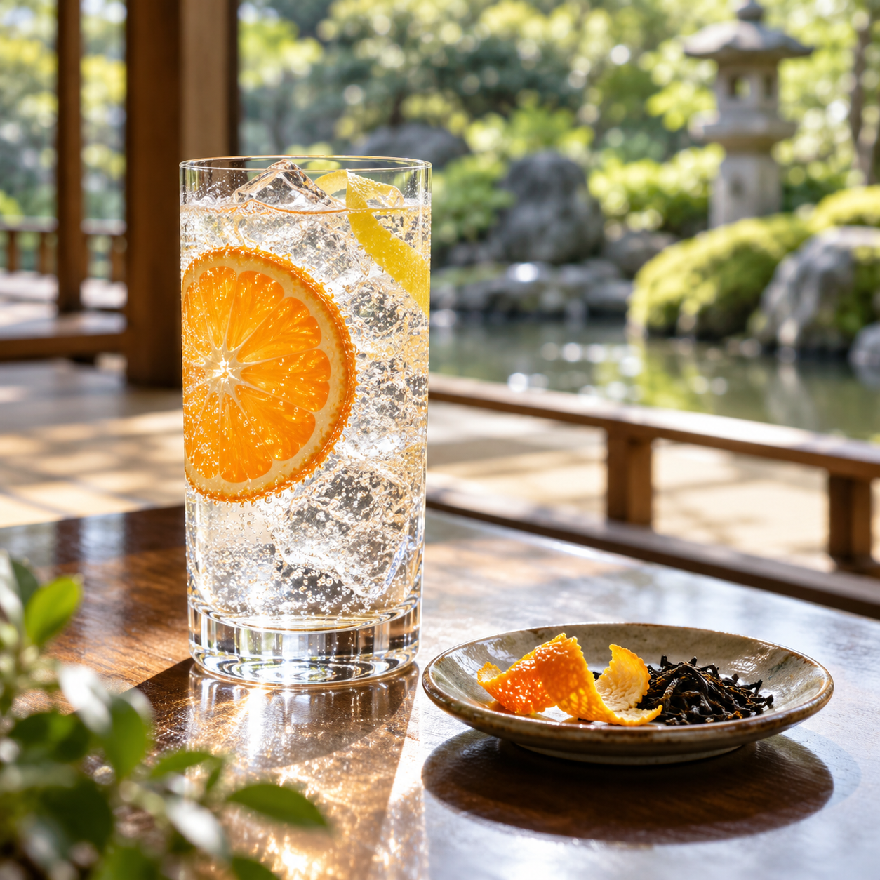 SS L 05 served with East Imperial Burma Tonic Water, garnished with Mandarin Peel and Green Tea Leaf